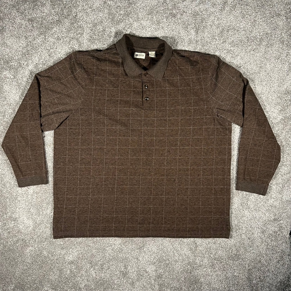Vintage Haggar Mens XXL Brown Windowpane Long Sleeve Polo Knit Shirt XXL Brown